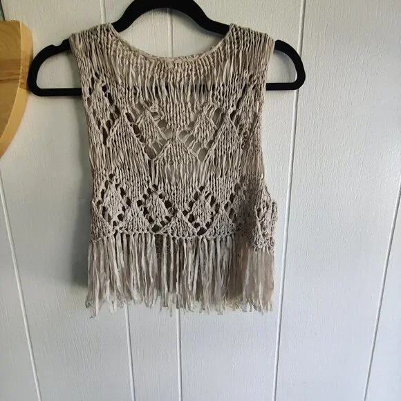 Crochet Vest by Blu Pepper. 4" fringe , cream color, 2 buttons, lightweight. S - Picture 2 of 5